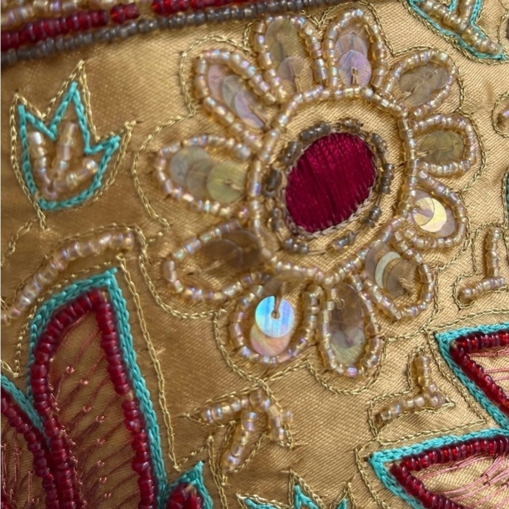 Hand Beaded Silk Indian Tote Bag  | Gold Floral Embroidery - Picture 3 of 8